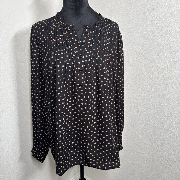 Adrianna Papell Black Heart Print Pleated Button-Front Blouse Long Sleeve Womens - Picture 1 of 7